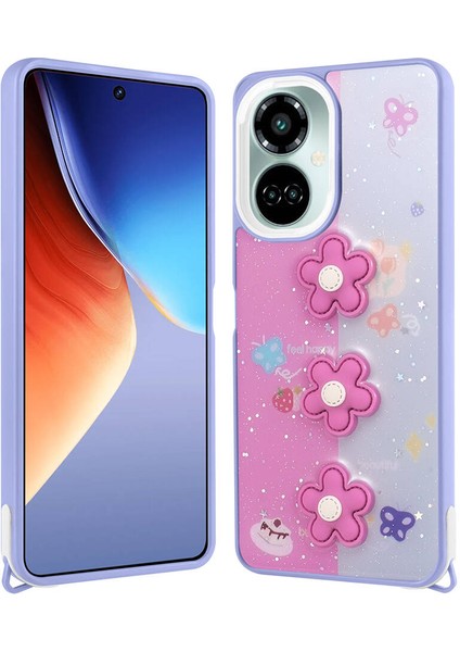 Tecno Camon 19 Pro Kılıf Parlayan Sıvılı Simli Kabartma Figürlü Cevze Kapak - Mor Papatya