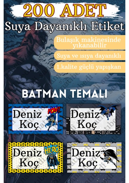 200 Adet Suya Dayanıklı Kişiye Özel Batman Temalı Okul Etiketi/ Defter Kalem Kitap Sticker