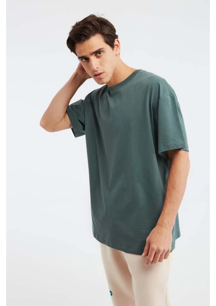 Jett Erkek Oversize Fit %100 Pamuk Kalın Dokulu Koyu Yeşil T-shirt