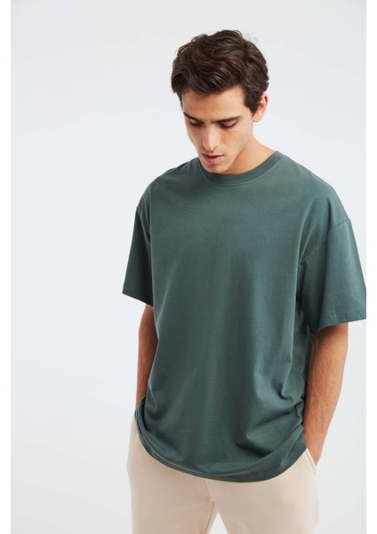 Jett Erkek Oversize Fit %100 Pamuk Kalın Dokulu Koyu Yeşil T-shirt