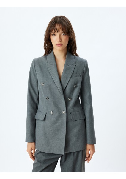 Kruvaze Blazer Ceket Kalça Boy Kapaklı Çift Cep