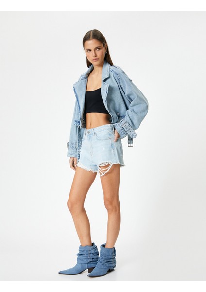 Mini Kot Şort Yıpratmalı Cepli Yüksek Bel