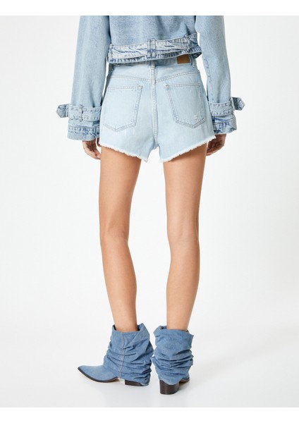 Mini Kot Şort Yıpratmalı Cepli Yüksek Bel fırsatları