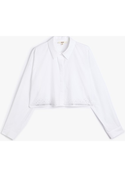 Crop Oversize Poplin Gömlek Taşlı Uzun Kollu Pamuklu