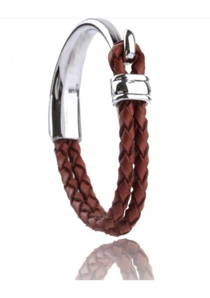 Mrhero Unisex Double Çift Örgü Kuğu Modeli Hakiki Deri El Yapımı Deri Bileklik MH035 Taba Rengi