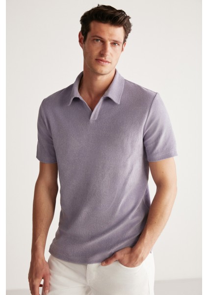 Todd Erkek Polo Yaka Havlu Kumaşlı Kalın Dokulu Mor Polo Yaka T-Shirt