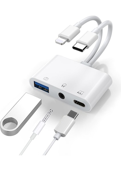 NK-109PRO Type-C-Lightning To Usb-A 3.5mm Kulaklık ve Type-C Kamera Okuyucu Çevirici Adaptör