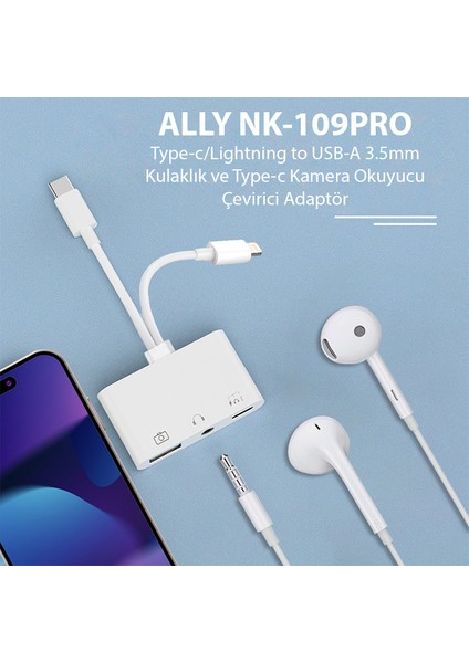 NK-109PRO Type-C-Lightning To Usb-A 3.5mm Kulaklık ve Type-C Kamera Okuyucu Çevirici Adaptör