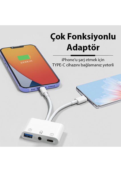 NK-109PRO Type-C-Lightning To Usb-A 3.5mm Kulaklık ve Type-C Kamera Okuyucu Çevirici Adaptör