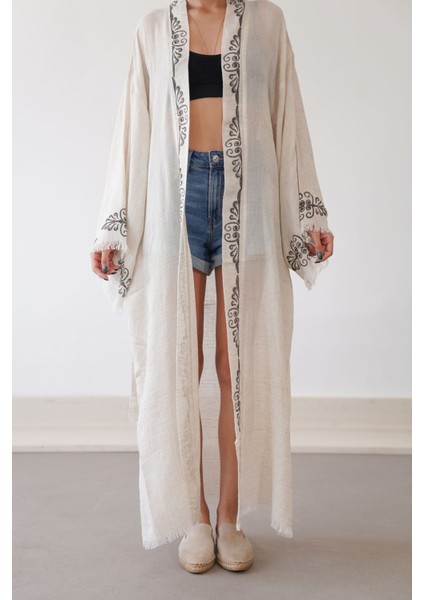 Organik Ağaç Baskı Organik Siyah Kök Boya Uzun Keten Kimono