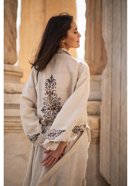 Organik Ağaç Baskı Organik Siyah Kök Boya Uzun Keten Kimono fiyatları