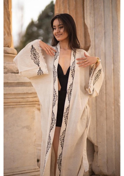 Organik Ağaç Baskı Organik Siyah Kök Boya Uzun Keten Kimono modelleri