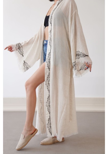 Organik Ağaç Baskı Organik Siyah Kök Boya Uzun Keten Kimono fırsatları