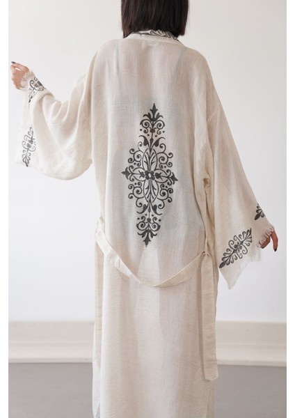 Organik Ağaç Baskı Organik Siyah Kök Boya Uzun Keten Kimono indirimleri