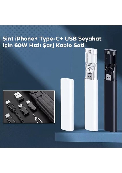 Kutulu 5in1 60W Type C Kablolu , Usb, Micro,iphone Dönüştürücü,sim Kart Aparatlı Seyahat Seti