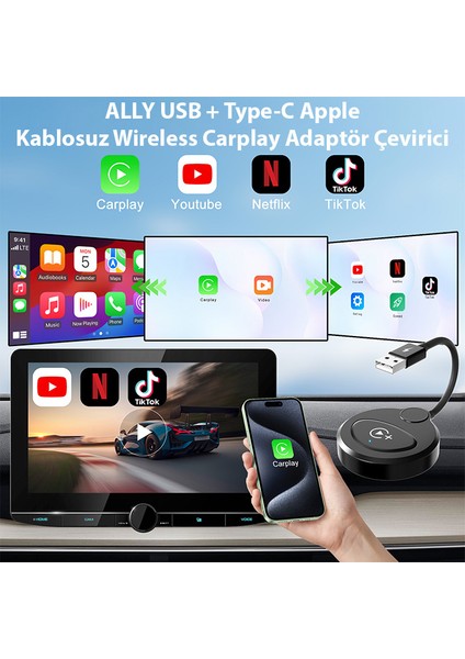 USB + Type-C Apple Kablosuz Wireless Carplay Adaptör Çevirici