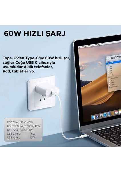 5in1 Iphone+ Type-C+ USB Seyahat Için 60W Hızlı Şarj Kablo Seti