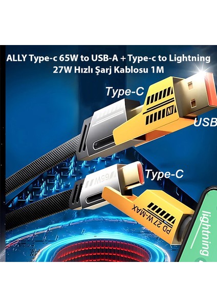 4in1 Type-C 65W To Usb-A + Type-C To Lightning 27W Hızlı Şarj Kablosu