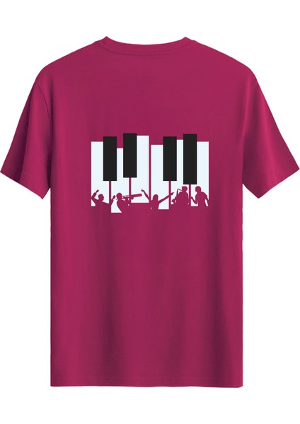 Piyano Baskılı Slim Fit Tişört Bisiklet Yaka T-Shirt