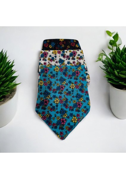 Kadın Siyah, Beyaz ve Mavi Renk Içi Çiçek Desenli %100 Koton 3'lü Bandana, Saç Aksesuarı