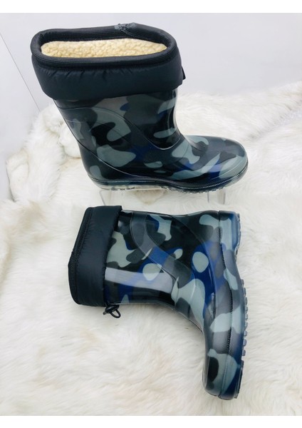 Çiğdem Içi Tüylü Kamuflaj Desenli Lastik Çizme - Mavi-Gri - 39 - ST01598-MAVİ-GRİ-39 fiyatları