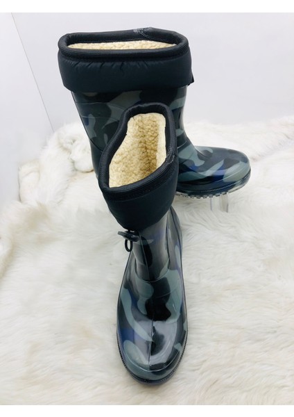 Çiğdem Içi Tüylü Kamuflaj Desenli Lastik Çizme - Mavi-Gri - 39 - ST01598-MAVİ-GRİ-39 modelleri