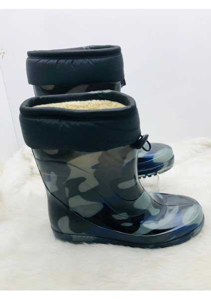 Çiğdem Içi Tüylü Kamuflaj Desenli Lastik Çizme - Mavi-Gri - 39 - ST01598-MAVİ-GRİ-39 fırsatları