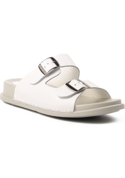 Beyaz Gerçek Deri Ortopedik Çift Tokalı Terlik (9171) - Beyaz - 39 - ST02530-12775