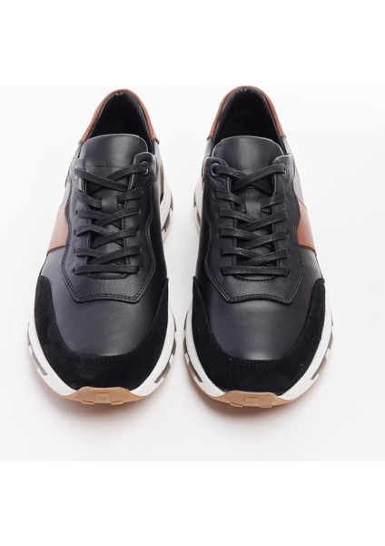 6672 Gerçek Deri Erkek Sneaker Ayakkabı - Siyah-Hardal - 44