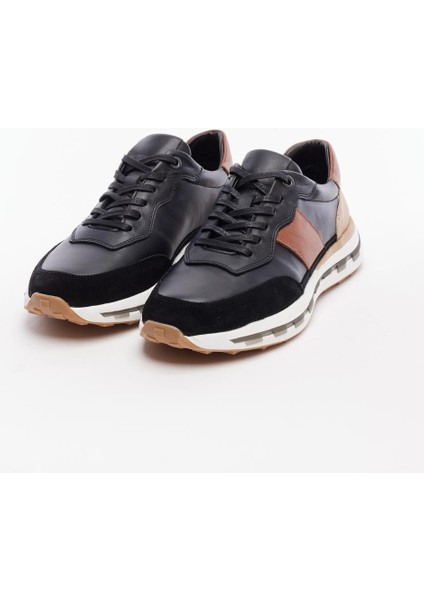 6672 Gerçek Deri Erkek Sneaker Ayakkabı - Siyah-Hardal - 42