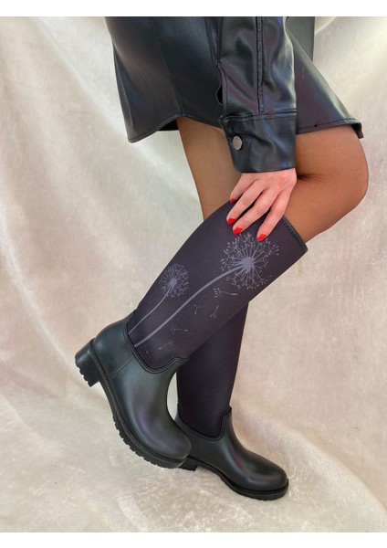 Çiğdem Siyah Dalgıç Kumaş Lastik Çizme - Siyah - 37 - St01587-Siyah-37
