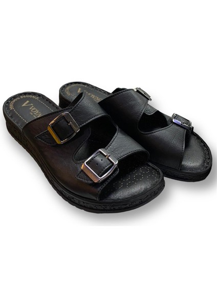 Siyah Gerçek Deri Çift Tokalı Ortopedik Kadın Terlik (9229) - Siyah - 39 - ST01871-SİYAH-39