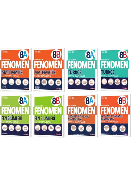 Fenomen Okul 2025 8. Sınıf A-B Serisi Matematik Soru Bankası - Türkçe Soru Bankası - Fen Bilimleri Soru Bankası - Geometri Soru Bankası 8'li Set