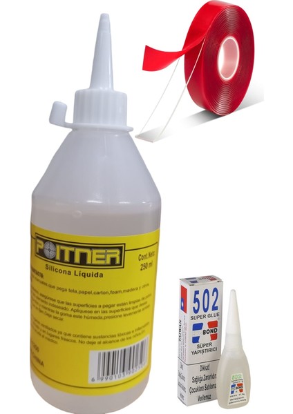 Poınter Soğuk Sıvı Silikon Yapıştırıcı 250 ml , 502 ve Çift Taraflı Silikon Bant 3 Lü Set