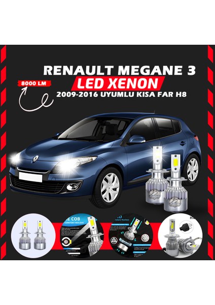 Renault Megane 3 2009-2016 Kısa Far Uyumlu Şimşek Etkili LED Xenon Performance Series H8