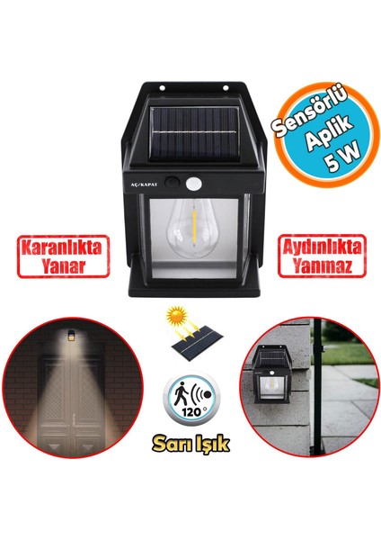 Sensörlü Güneş Enerjili Dış Aydınlatma 2 Modlu Işıklandırma Sarı Işıklı Aplik 5 W Portatif Fener Lamba