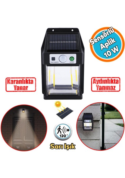 Sensörlü Güneş Enerjili Dış Aydınlatma Yeni Nesil Ampül Sarı Işıklı Aplik 10 W Portatif Fener Lamba