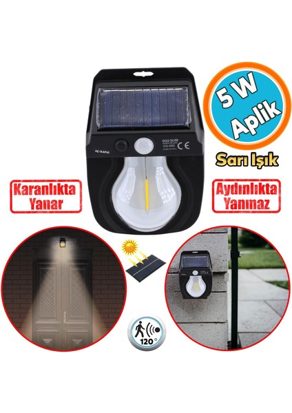 Güneş Enerjili Aplik Dış Aydınlatma 3 Modlu Işıklandırma Sensörlü Sarı Işıklı 5 W Portatif Fener Lamba