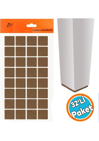 Zemin Koruyucu Masa Sandalye Parke Keçe Yapışkanlı Kare 25X25 mm (32'li Paket)