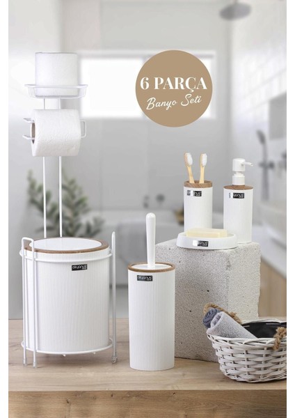Tekno Trust Beyaz Beyaz Ahşap Desenli Mina Yedekli Wc Kağıtlık Ve 6 Parça Banyo Seti 6 Plastik