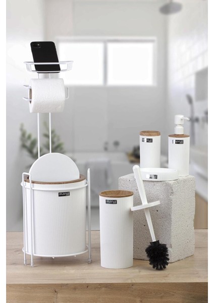 Tekno Trust Beyaz Beyaz Ahşap Desenli Mina Yedekli Wc Kağıtlık Ve 6 Parça Banyo Seti 6 Plastik
