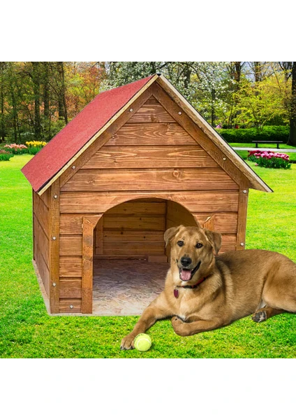 Pet Suya Soğuğa Dayanıklı Lüks Büyük Boy Ahşap Köpek Kulubesi Sokak Köpek Evi Kırmızı Çatılı 100X100X78 cm Ceviz