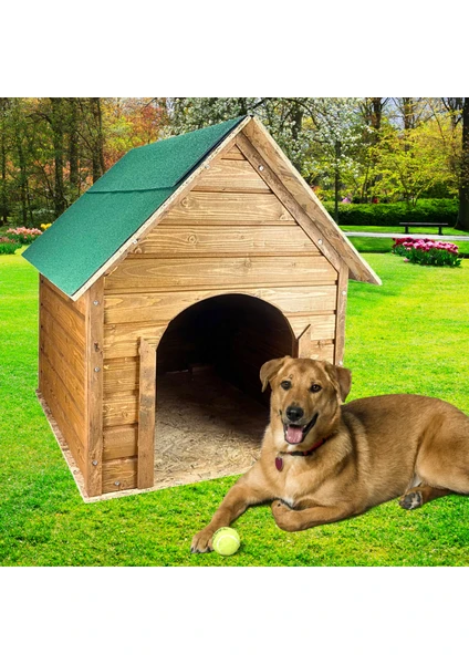 Pet Suya Soğuğa Dayanıklı Lüks Büyük Boy Ahşap Köpek Kulubesi Sokak Köpek Evi Yeşil Çatılı 100X100X78 cm Ceviz