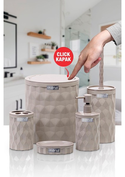 Tekno Trust Kahverengi Diamond Vizon Click Kapak 5'Li Banyo Seti 5 Plastik