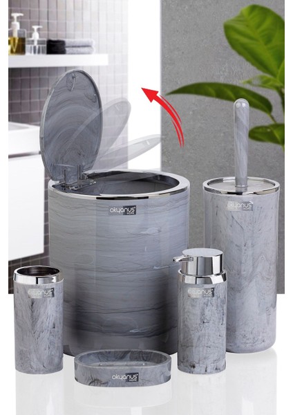 Tekno Trust Plastik Kromlu Yuvarlak Mermer Desenli Banyo Seti 5'Li Gri 5