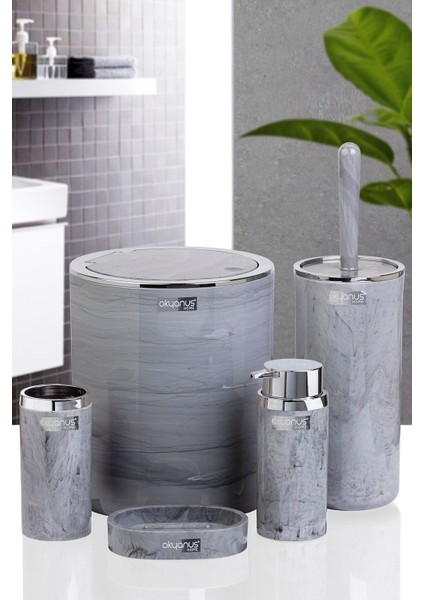 Tekno Trust Plastik Kromlu Yuvarlak Mermer Desenli Banyo Seti 5'Li Gri 5
