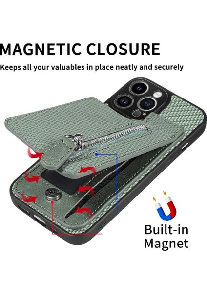 IPhone 13 Için Kılıf Pro Max Fermuar Manyetik Araç Montaj Standı Cüzdan Crad Yuvası (Yurt Dışından)