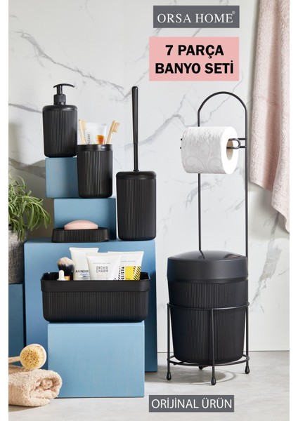 Tekno Trust 7 7 Parça Siyah Banyo Seti Metal Stantlı Kovalı Wc Kağıtlık Kozmetik Kutusu Diş Fırçalık Ve Sabunlu