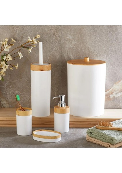 Tekno Trust Plastik Limpia Bambu Desenli Beyaz 5'Li Banyo Seti Çöp Kovası Sıvı Sabunluk Diş Fırçalık Beyaz 5