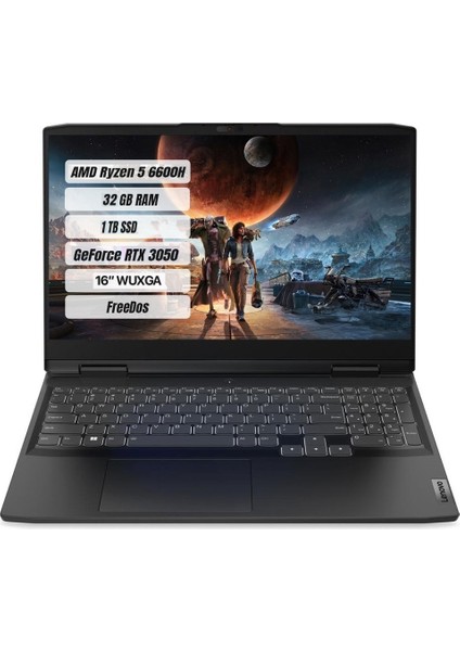 Ideapad Gaming 3 16ARH7 Amd Ryzen 5 6600H 32GB 1tb SSD RTX3050 Freedos 16" Wuxga Taşınabilir Bilgisayar 82SC00A0TX-32